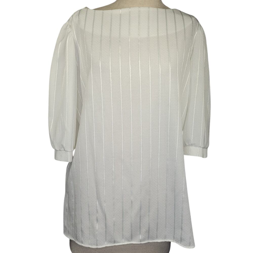 Vintage 70s White and Silver Stripped Metallic Blouse Size Medium